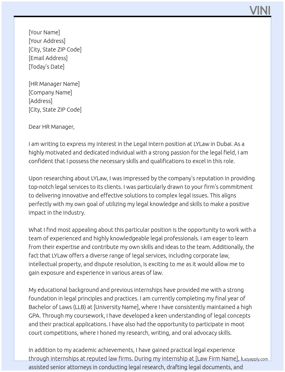 Legal Intern At LYLaw Cover Letter