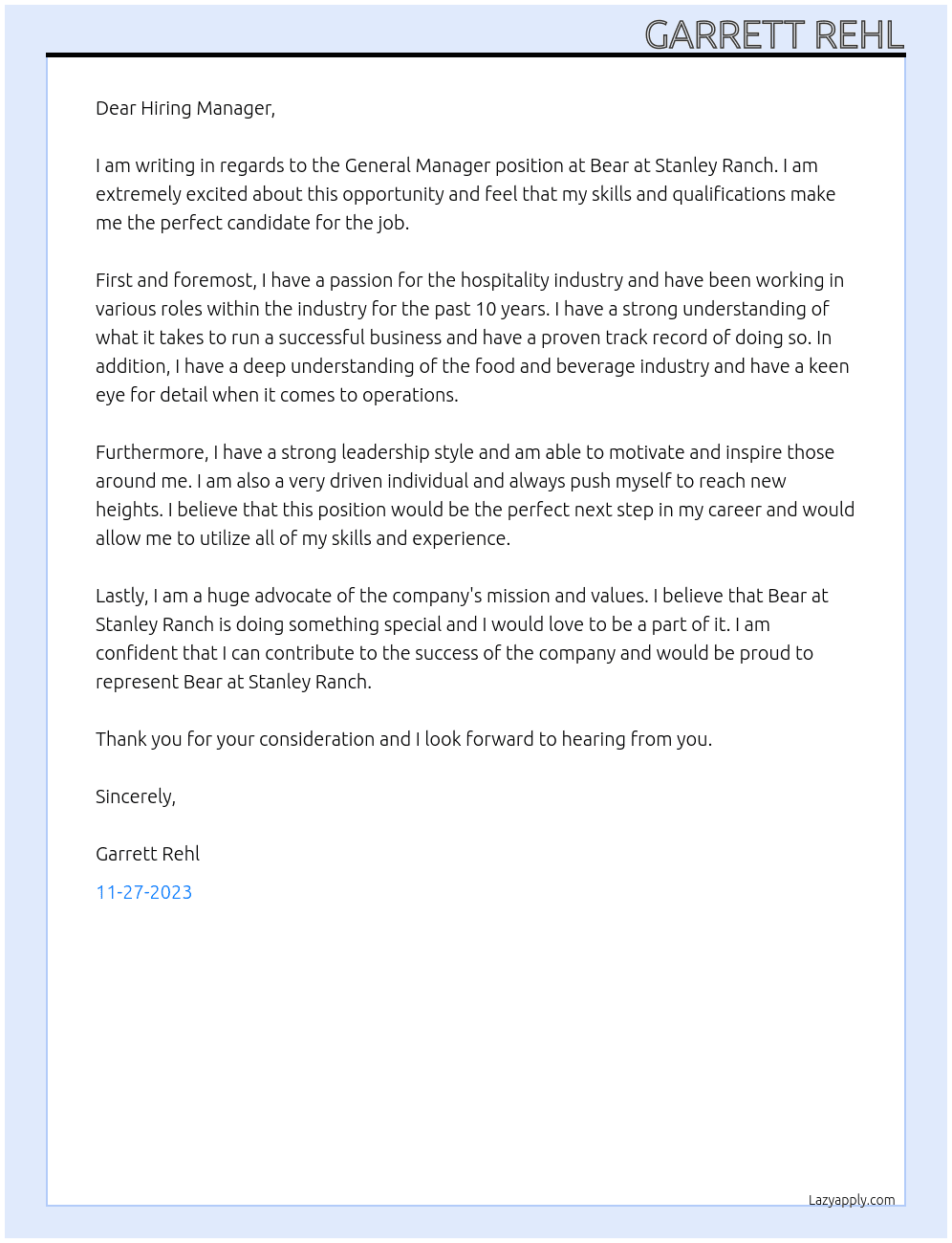 General Manager At Bear at Stanley Ranch Cover Letter