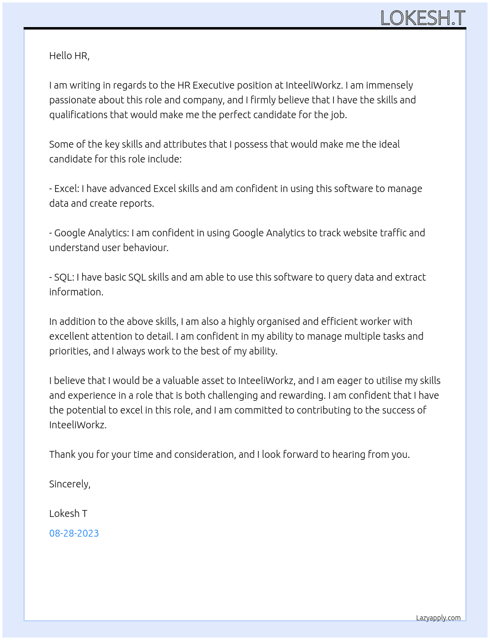 HR Executive At InteeliWorkz Cover Letter