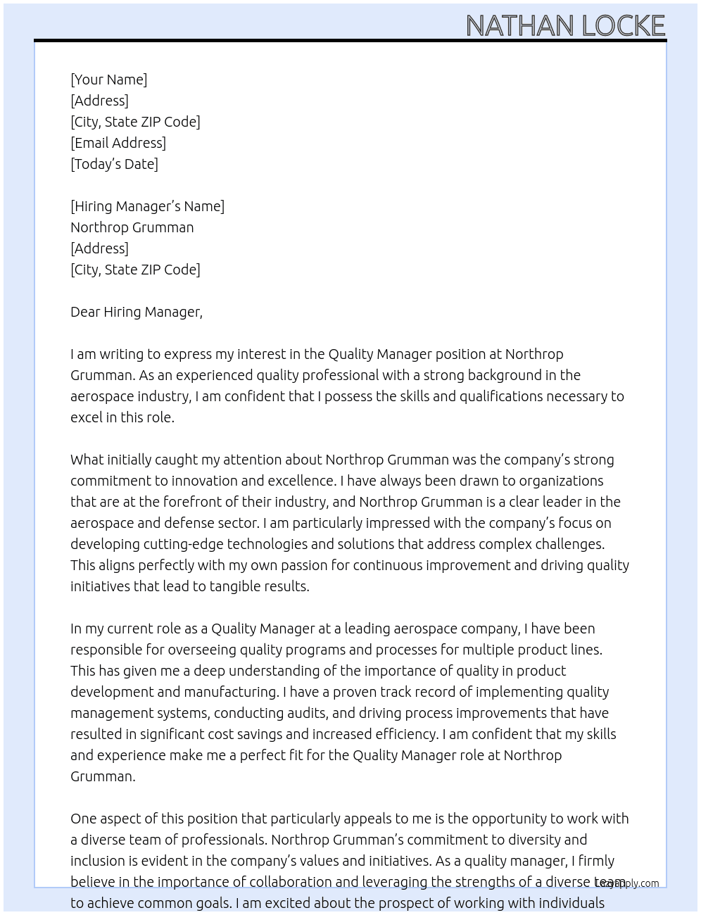 Quality Manager At Northrop Grumman Cover Letter