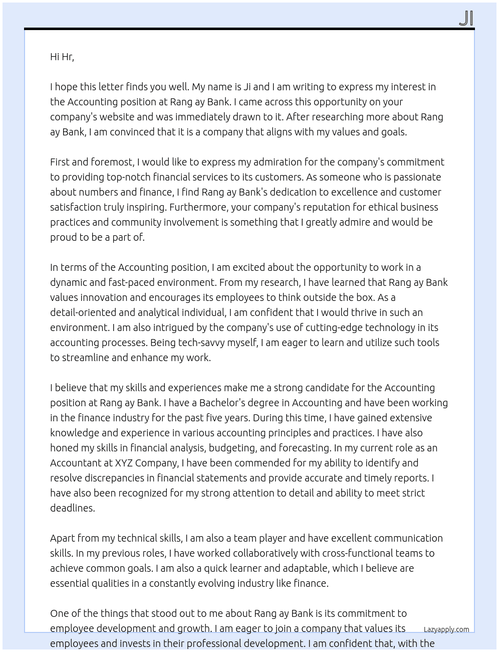Accounting  At Rang ay Bank Cover Letter