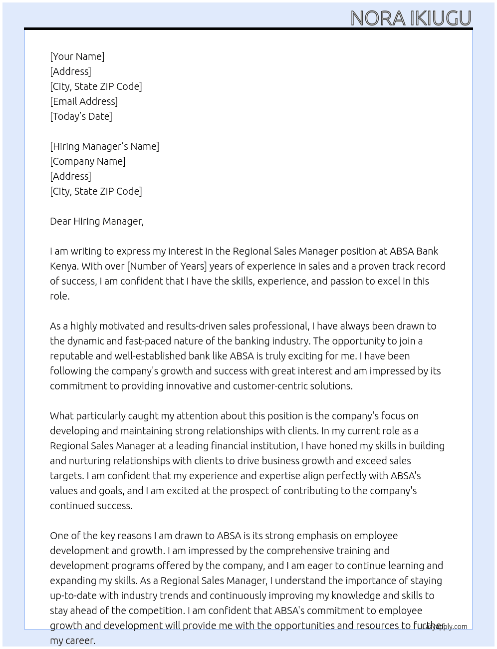 Regional sales manager At ABSA Bank Kenya Cover Letter