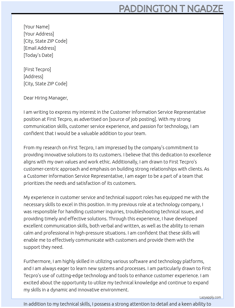 Customer Information Servive Represantative At First Tecpro Cover Letter