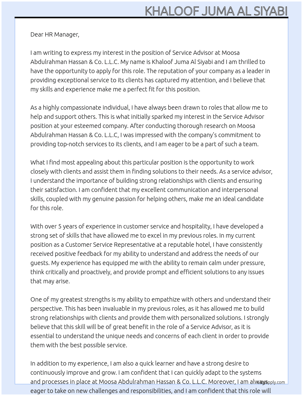 service Advisor At Moosa Abdulrahman Hassan & Co. L.L.C Cover Letter
