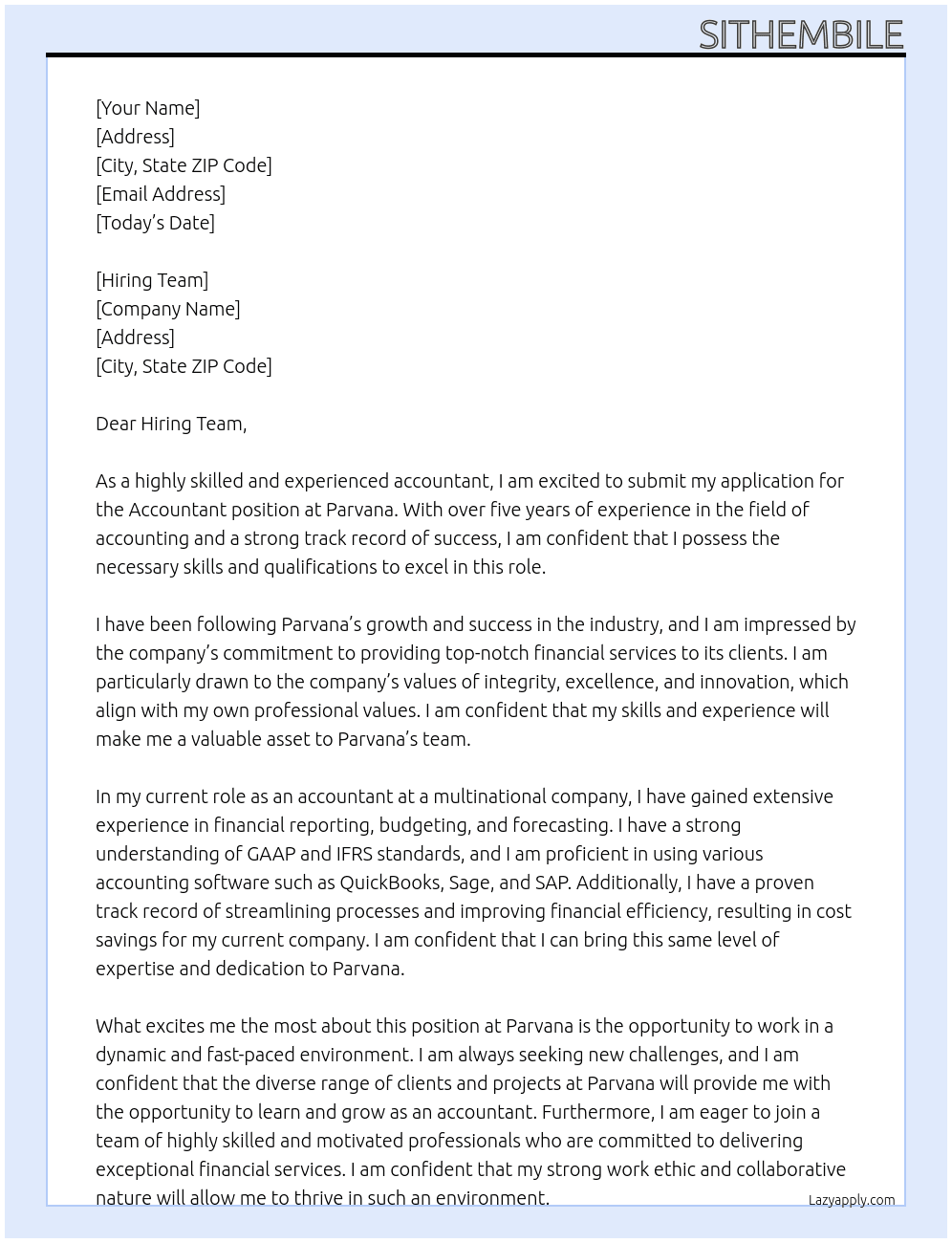 Accountant At Parvana Cover Letter
