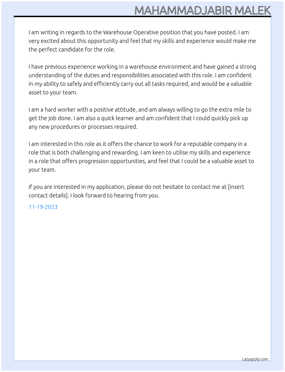 Warehouse Operative  At DC Personnel Cover Letter
