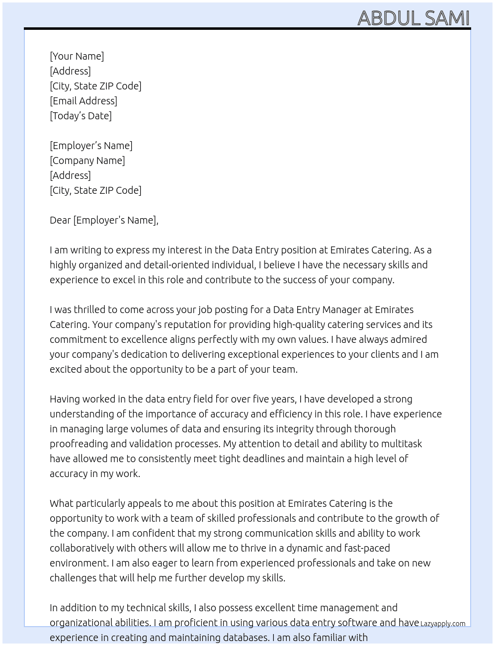 Data Entry At Emirates Catering  Cover Letter