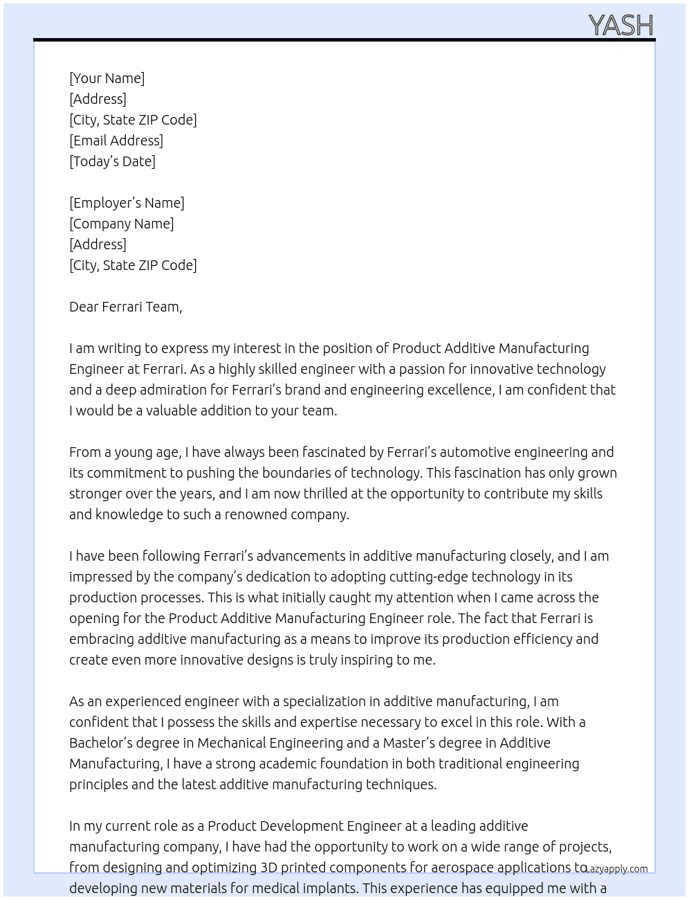 Product Additive Manufacturing Engineer  At Ferrari  Cover Letter