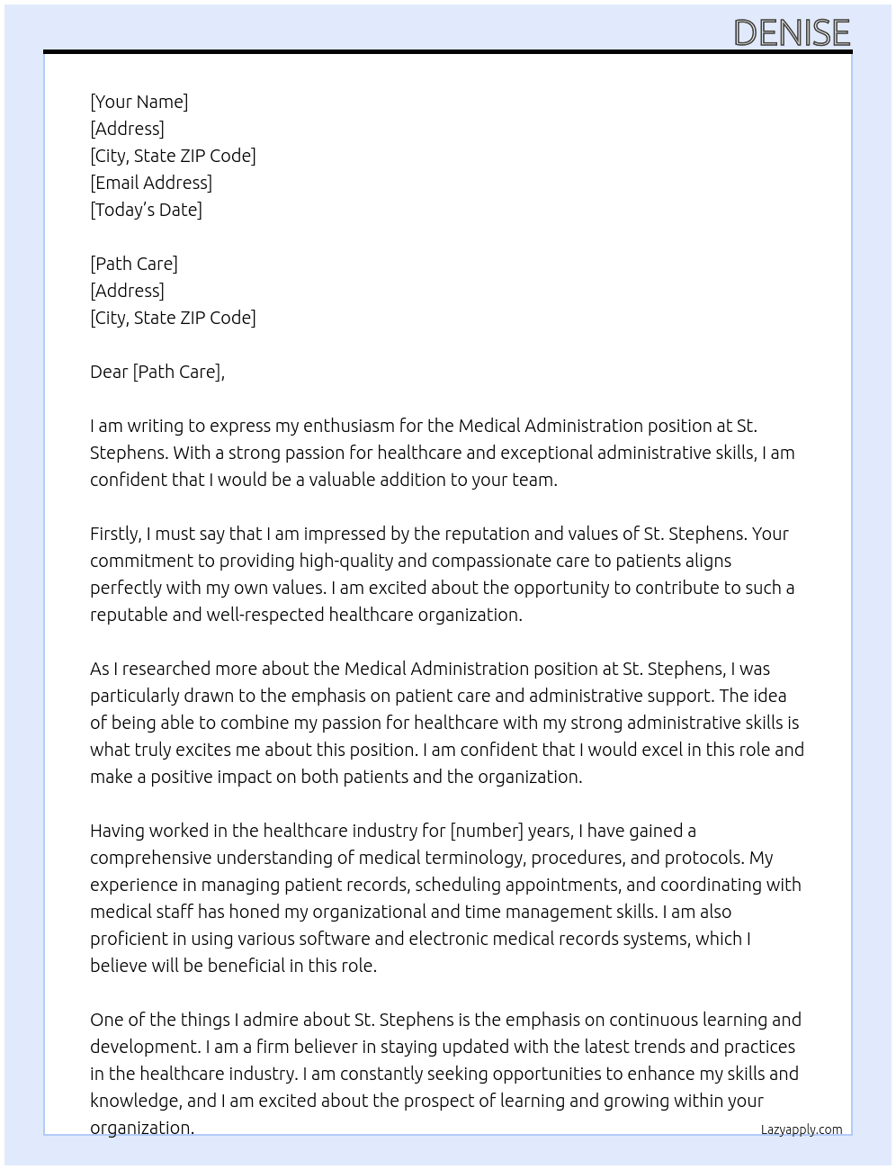 Medical Administration At St Stephens Cover Letter