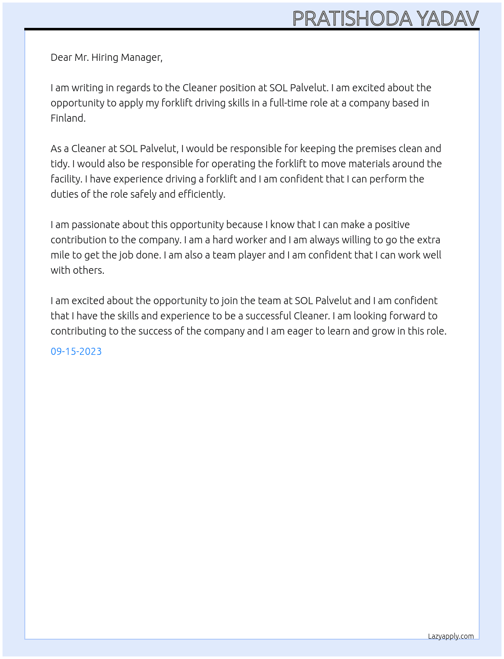 Cleaner At SOL Palvelut Cover Letter