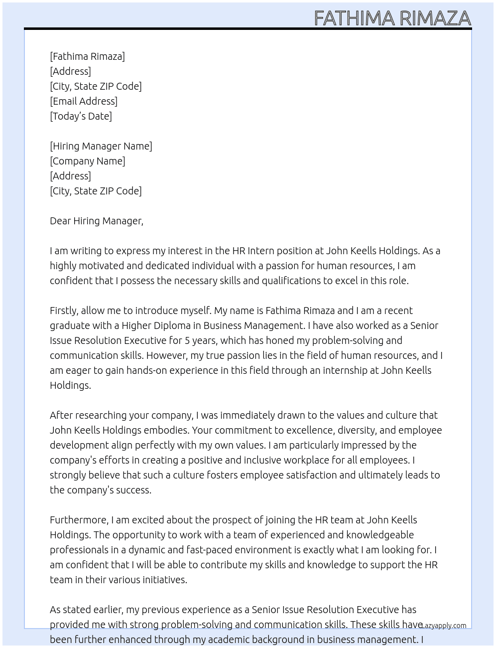 HR Intern At John Keells Holdings Cover Letter