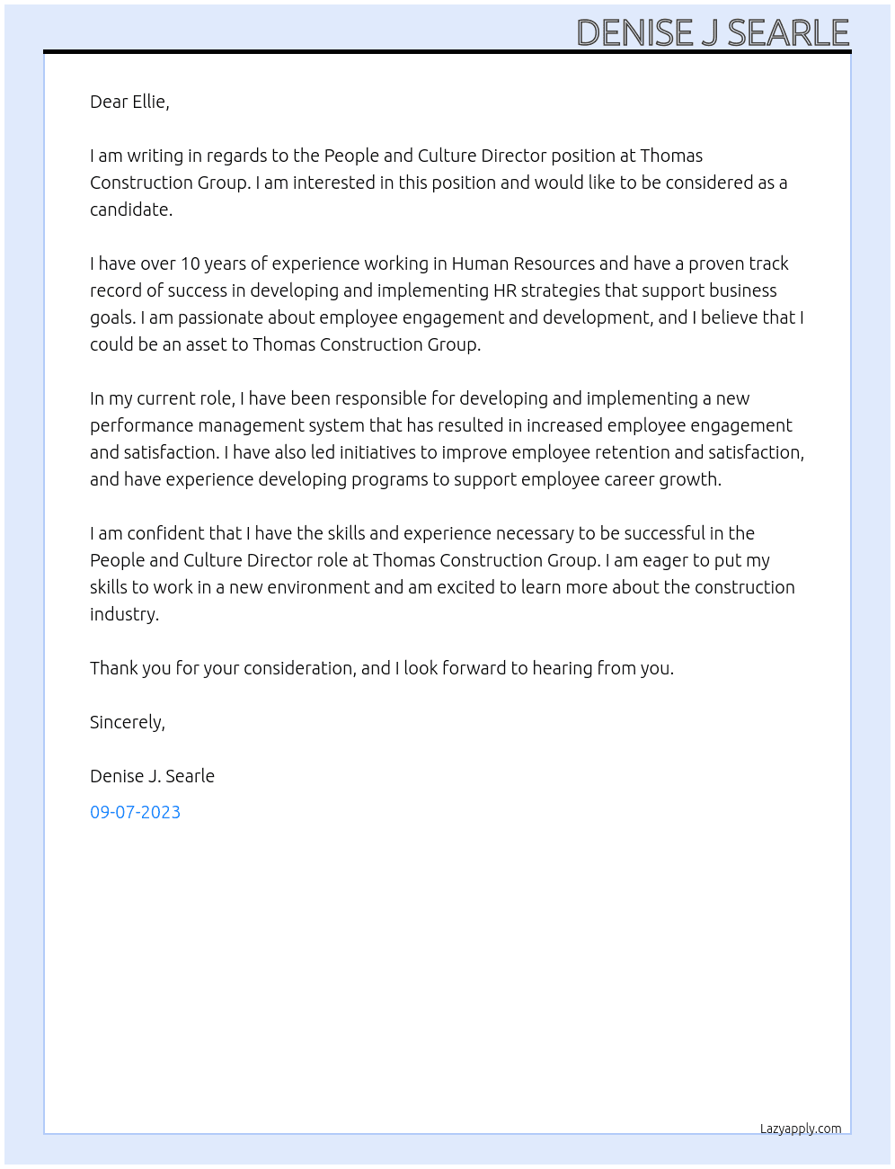 People and Culture Director At Thomas Construction Group Cover Letter