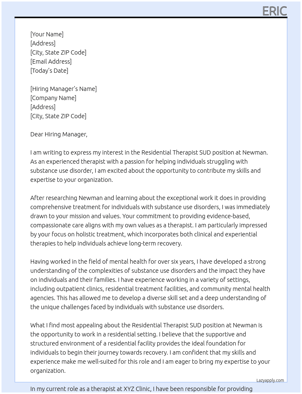 Residential Therapist SUD At Newman Cover Letter