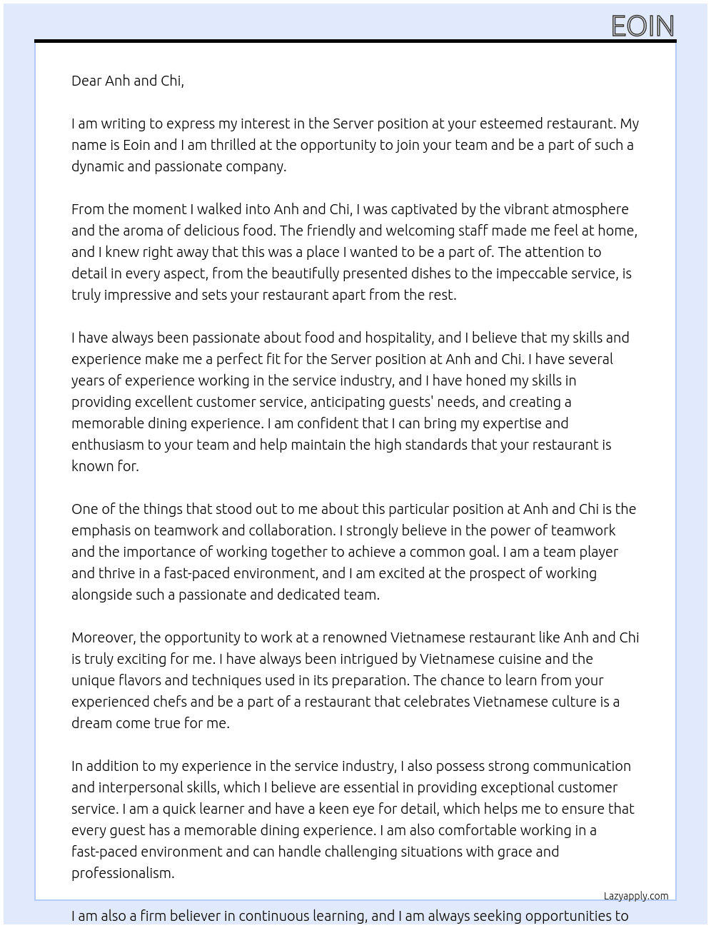 Server At Anh and Chi Cover Letter