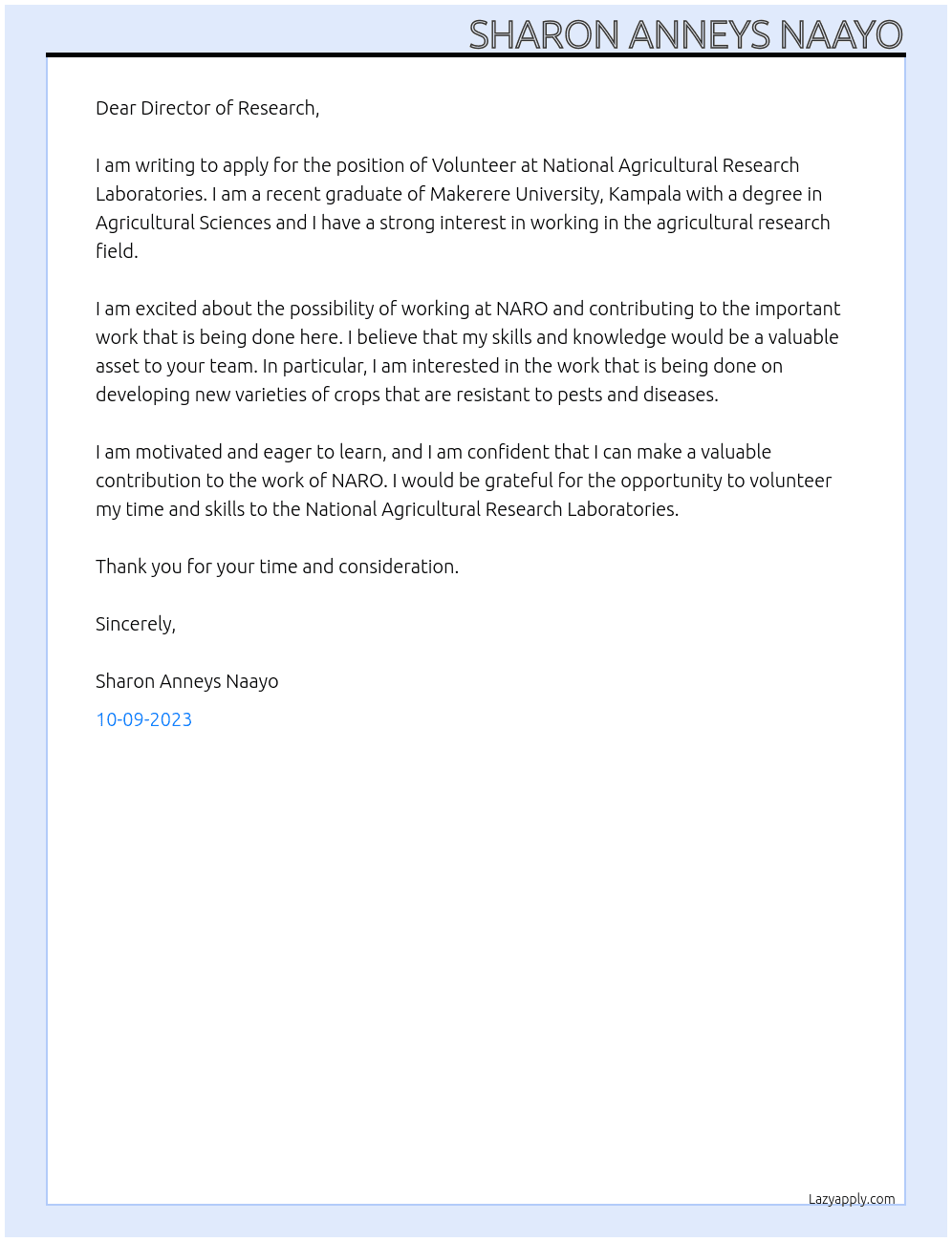 Volunteer At NARO Cover Letter