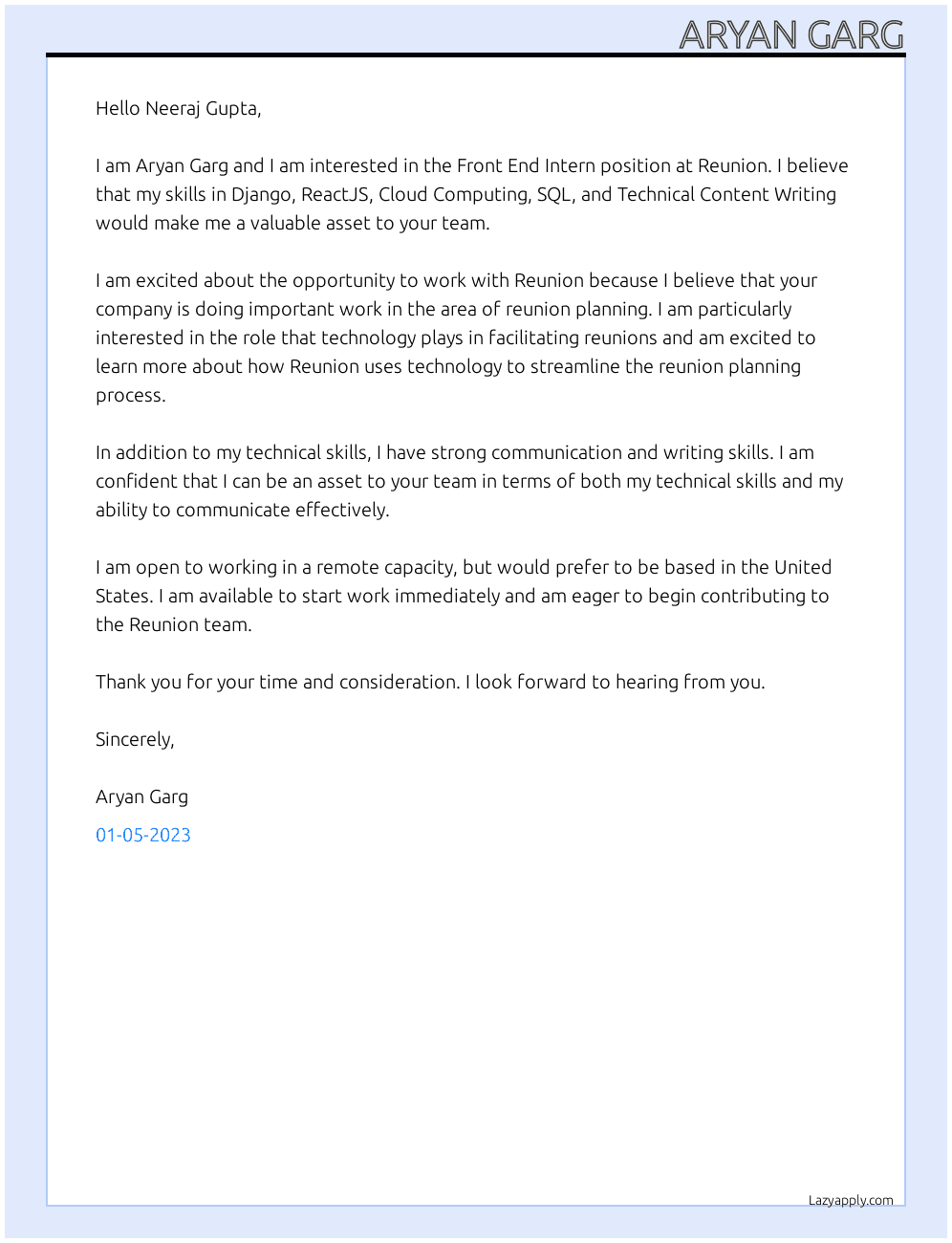 Front End Intern At Reunion Cover Letter