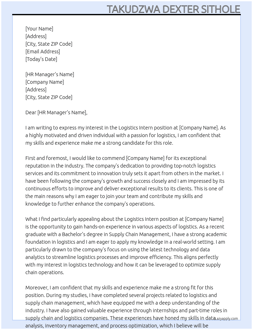 Logistics intern  At Logistics Intern Cover Letter