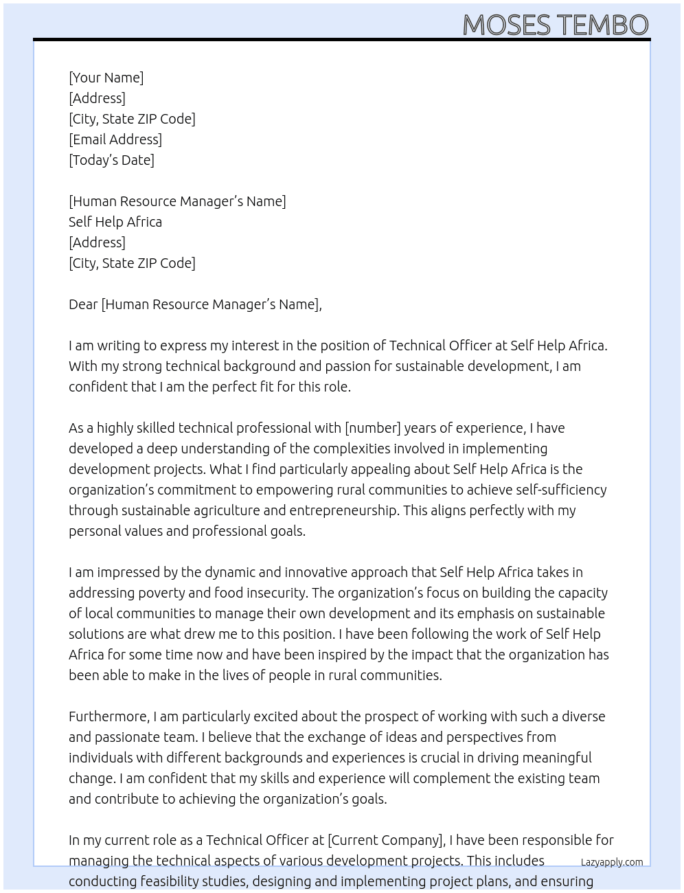 Technical officer  At Self help Africa  Cover Letter