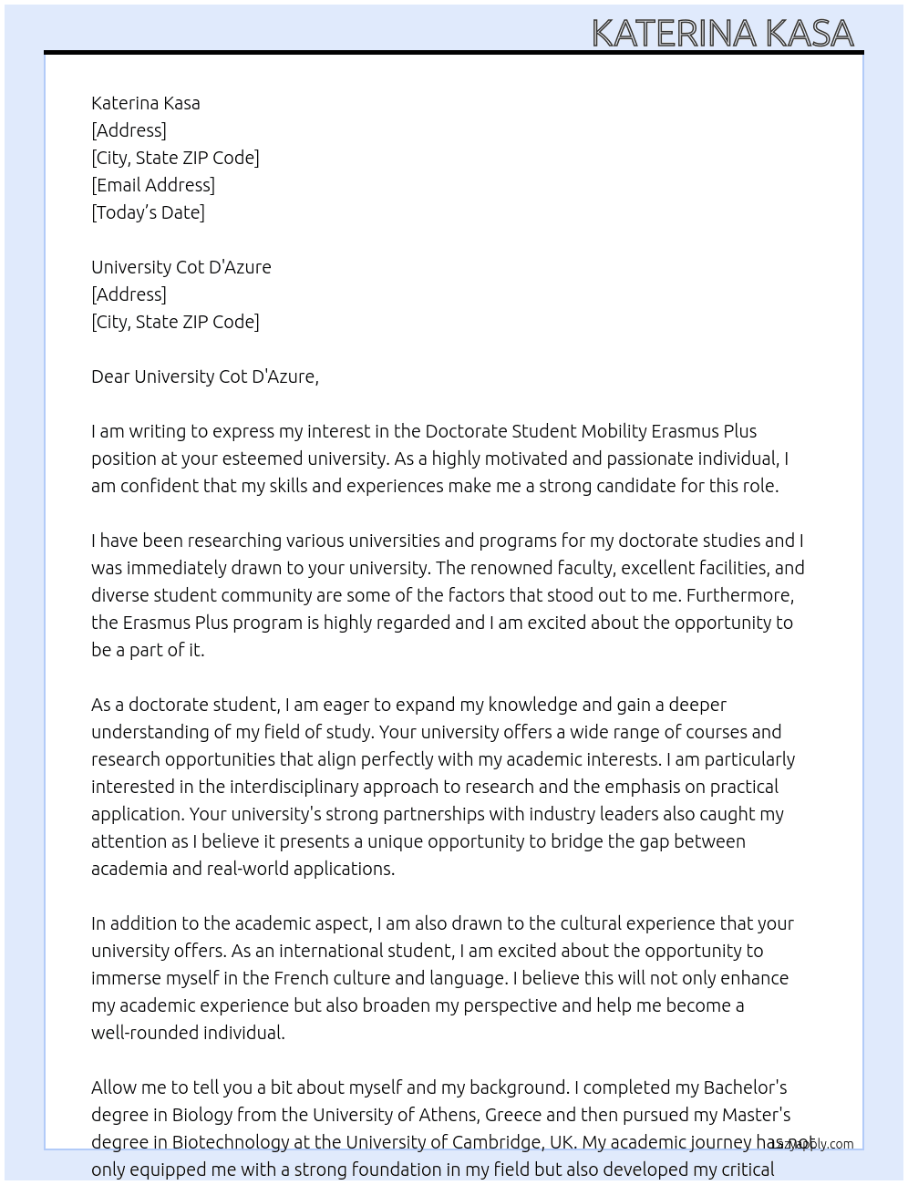 doctorate student mobility erasmus plus At university cot d'azure nice france  Cover Letter