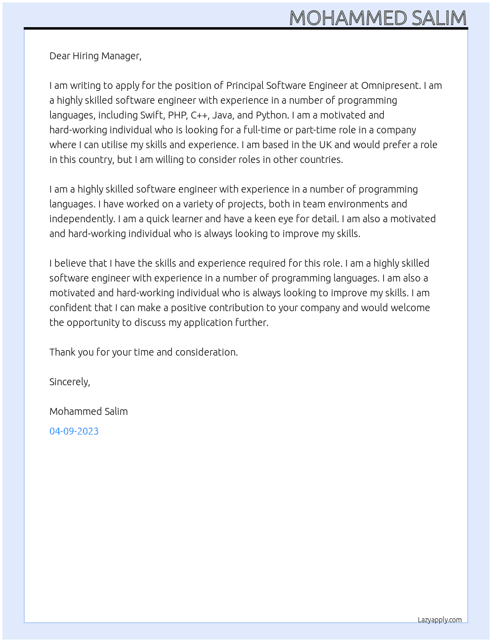 Principal Software Engineer At Omnipresent  Cover Letter