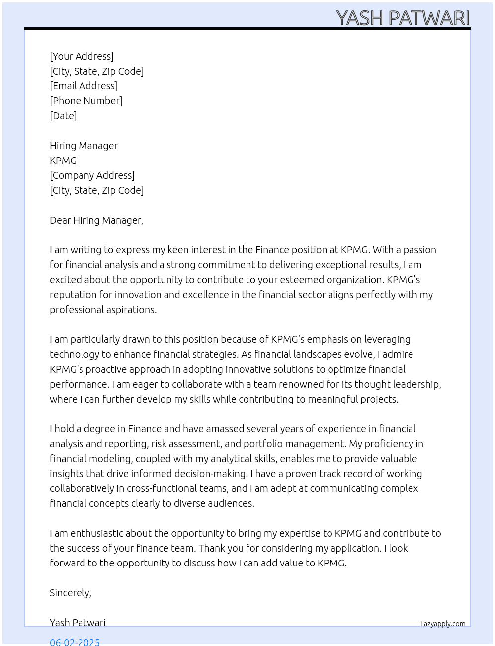 Finance At KPMG Cover Letter
