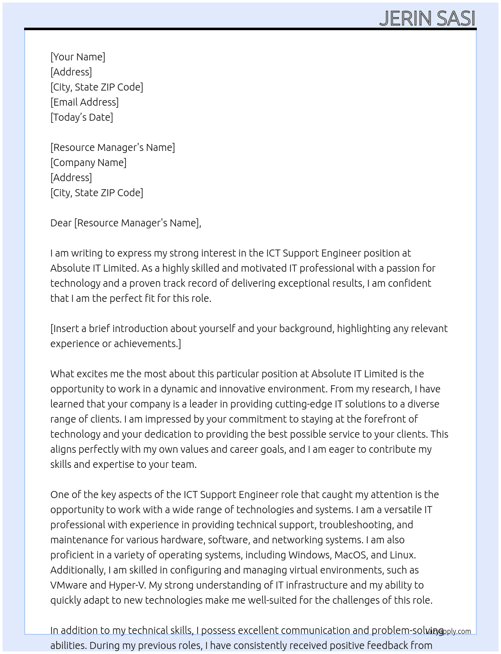 ICT Support engineer At Absolute IT Limited Cover Letter