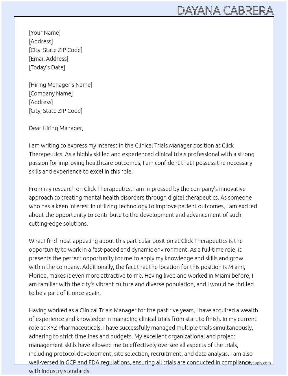Clinical Trials Manager At Click Therapeutics Cover Letter