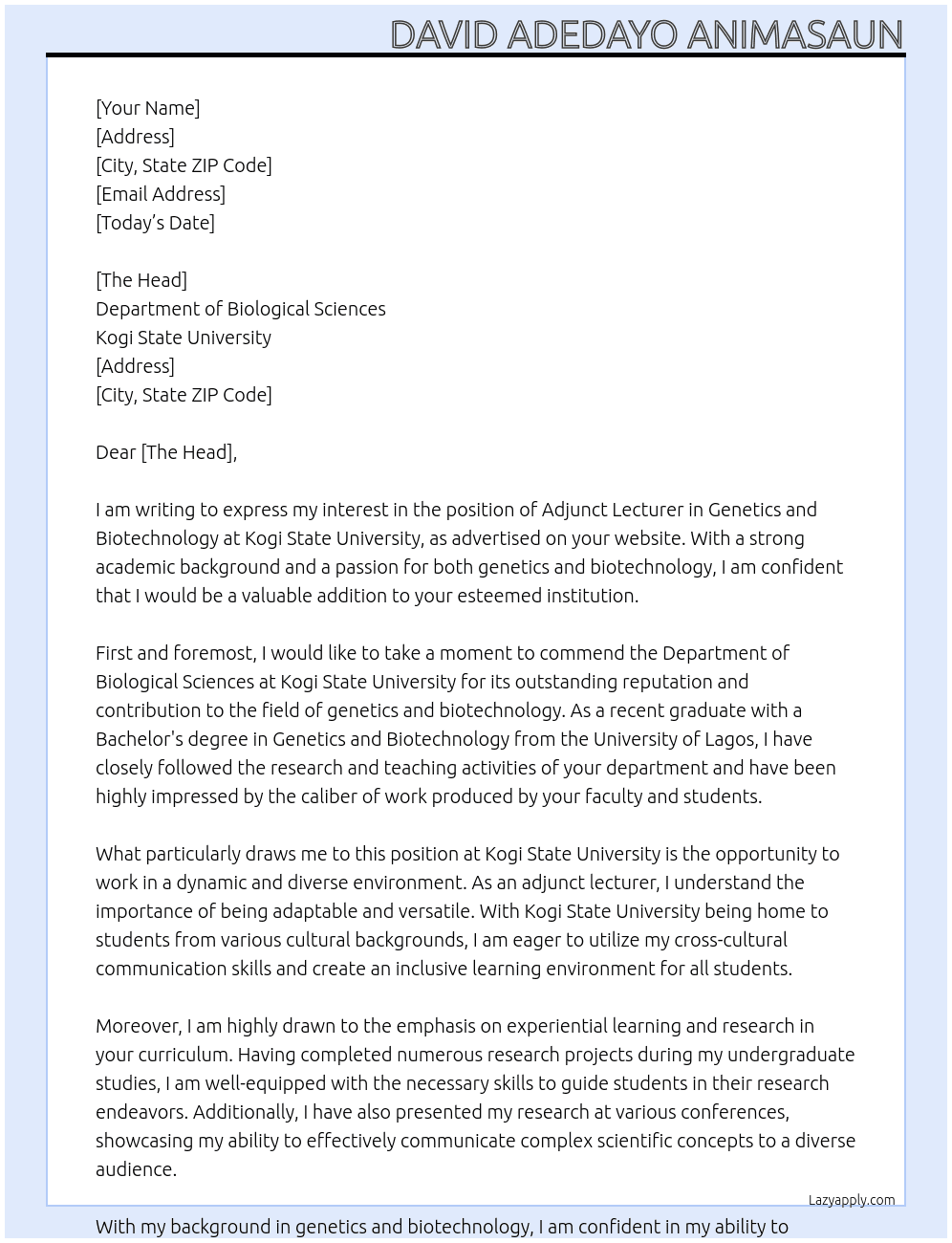 Adjunct Lecturer In Genetics and Biotechnology At Kogi State University Cover Letter