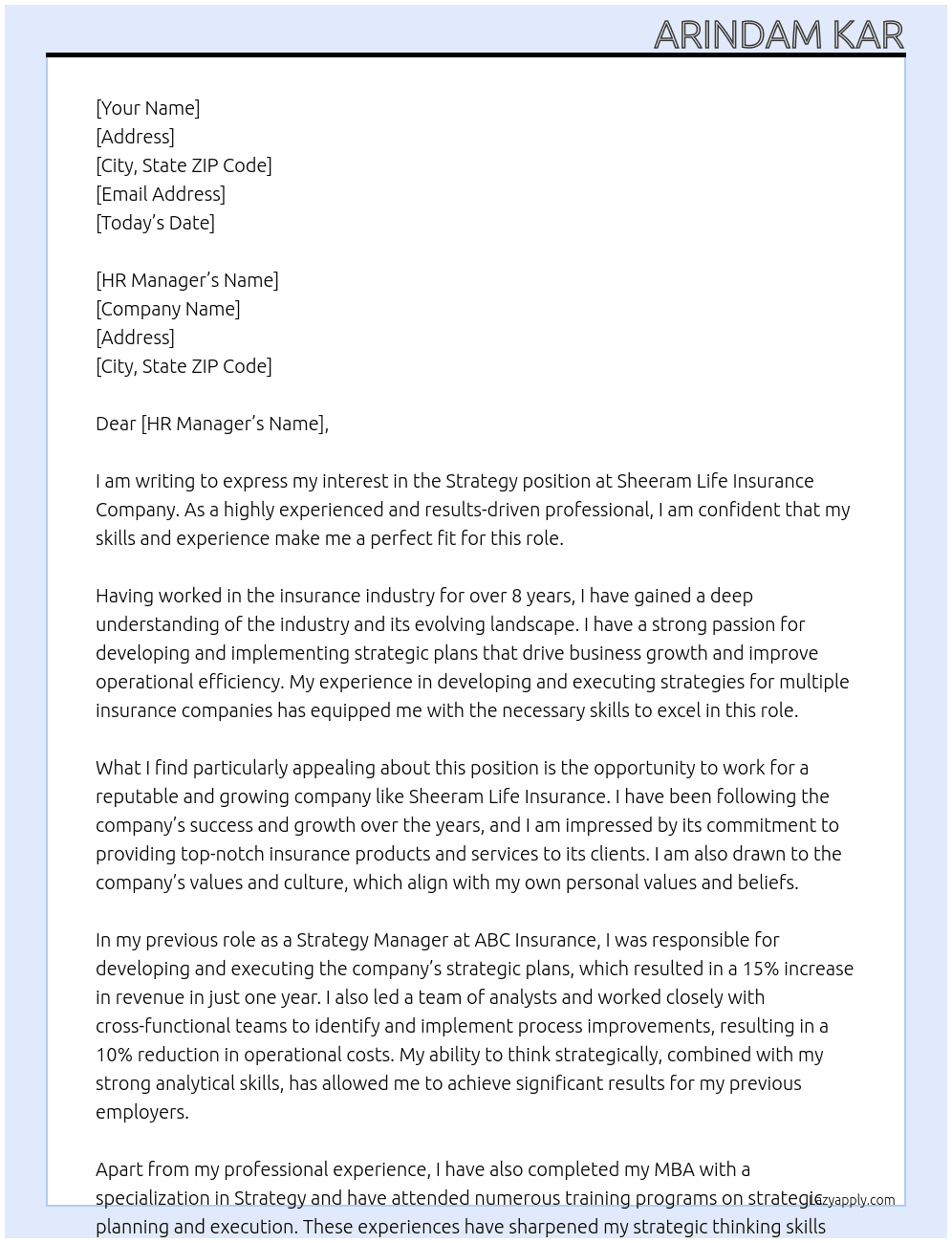 Strategy  At Sheeram Life Insurance company  Cover Letter
