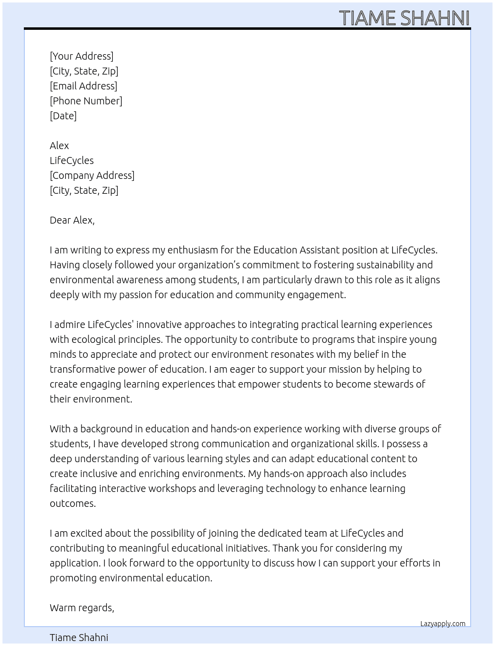 Education Assistant At LifeCycles Cover Letter