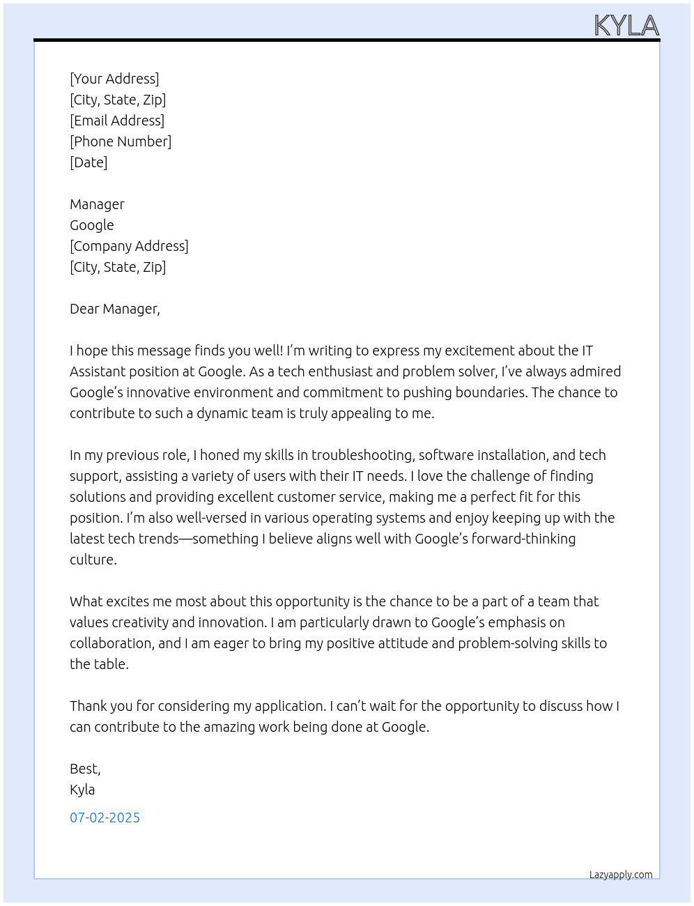 IT Assistant At Google Cover Letter