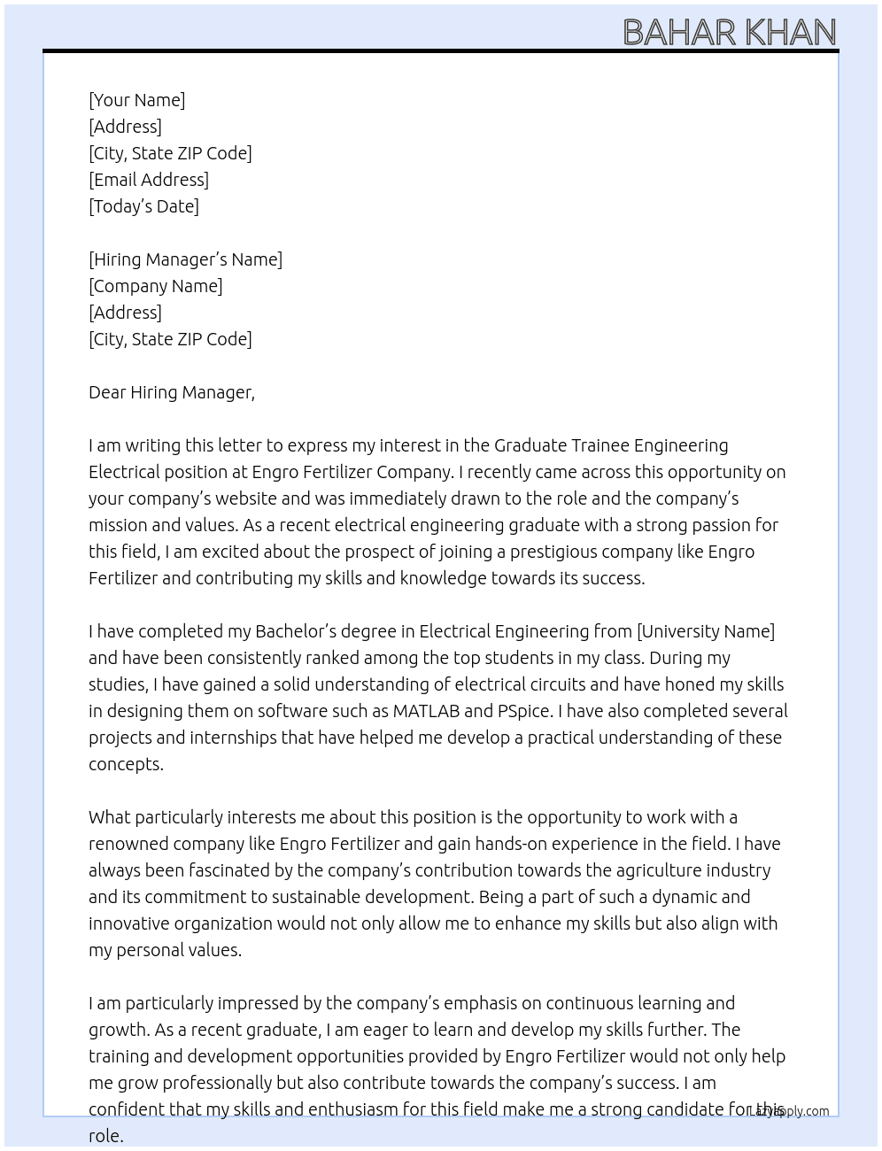 Graduate trainee engineering electrical At Engro fertilizer company  Cover Letter