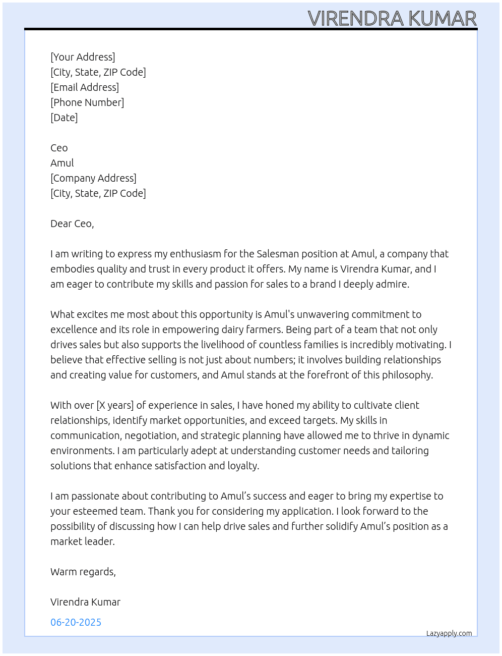 Salsman At Amul Cover Letter