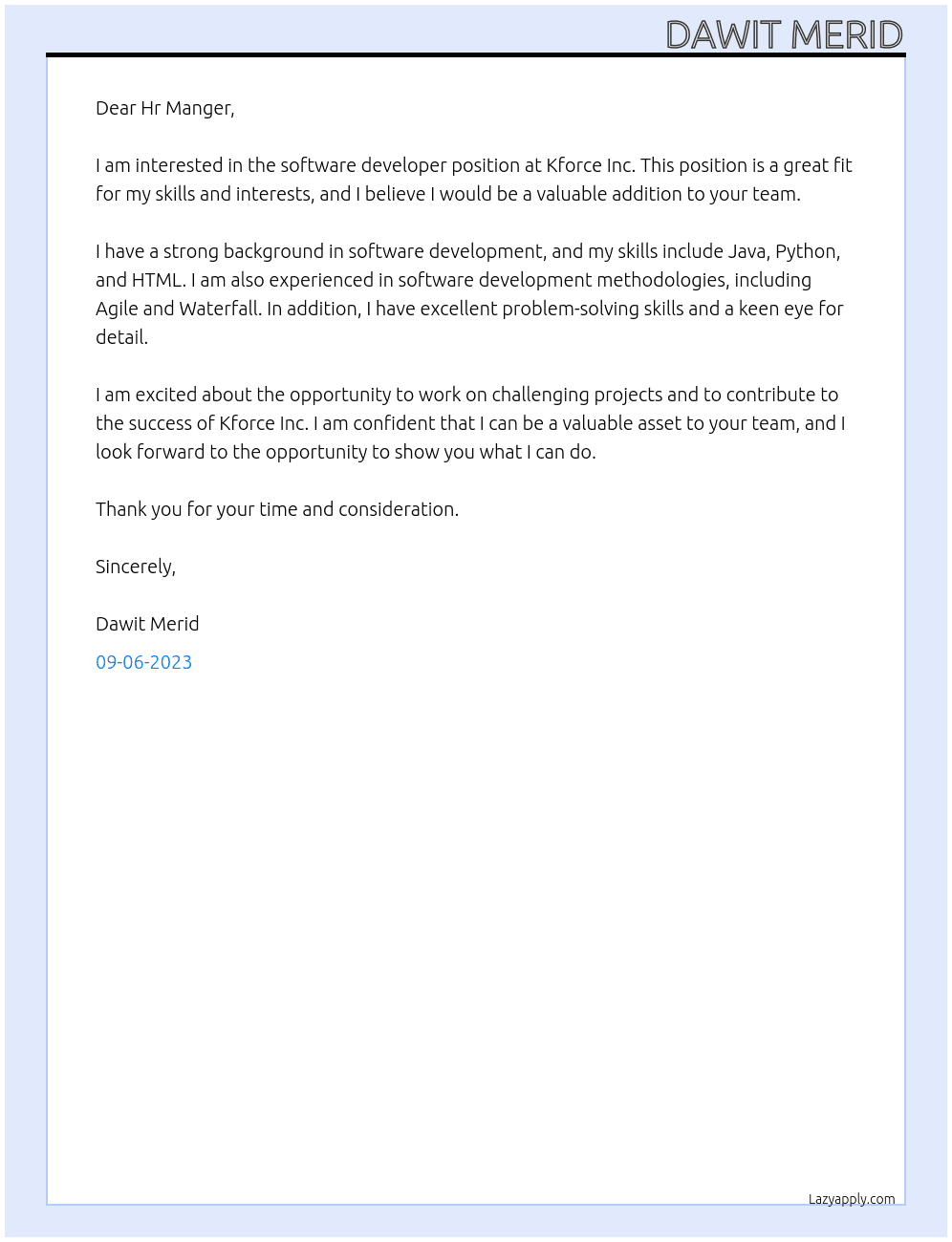 software developer At Kforce Inc  Cover Letter