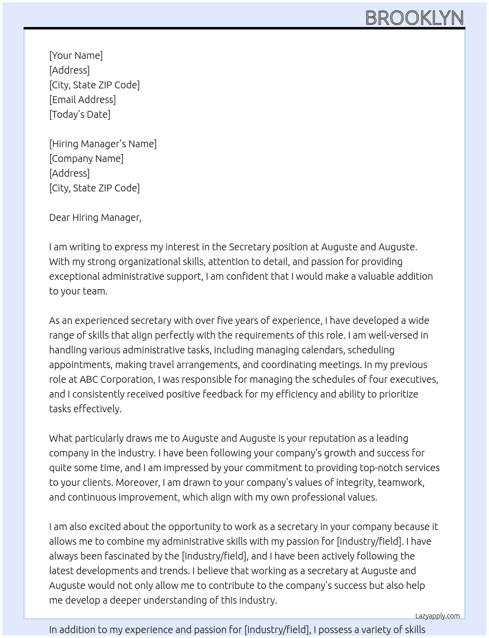 secretary At Auguste and Auguste Cover Letter