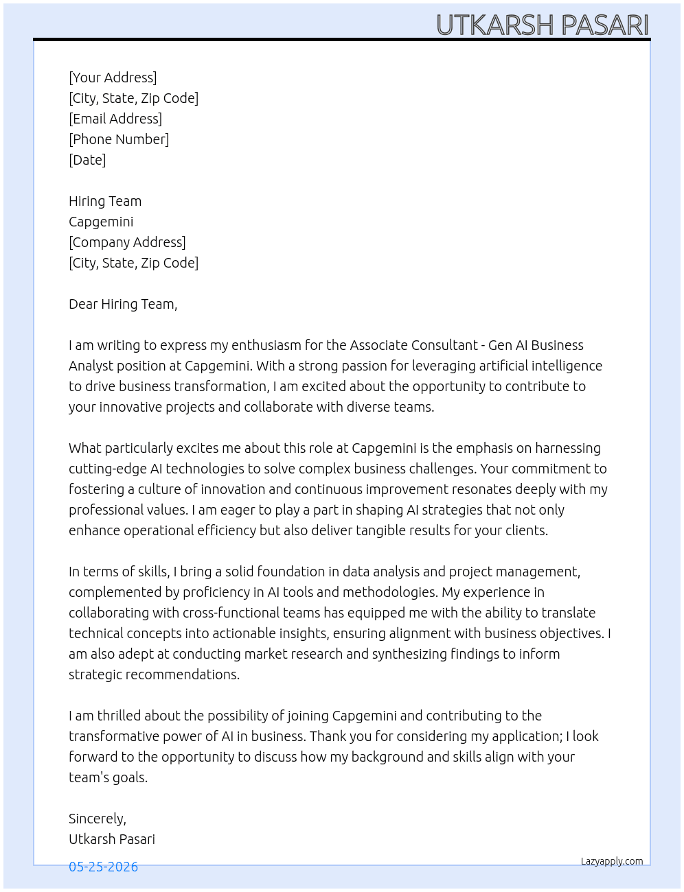 Associate Consultant - Gen AI Business Analyst At Capgemini  Cover Letter