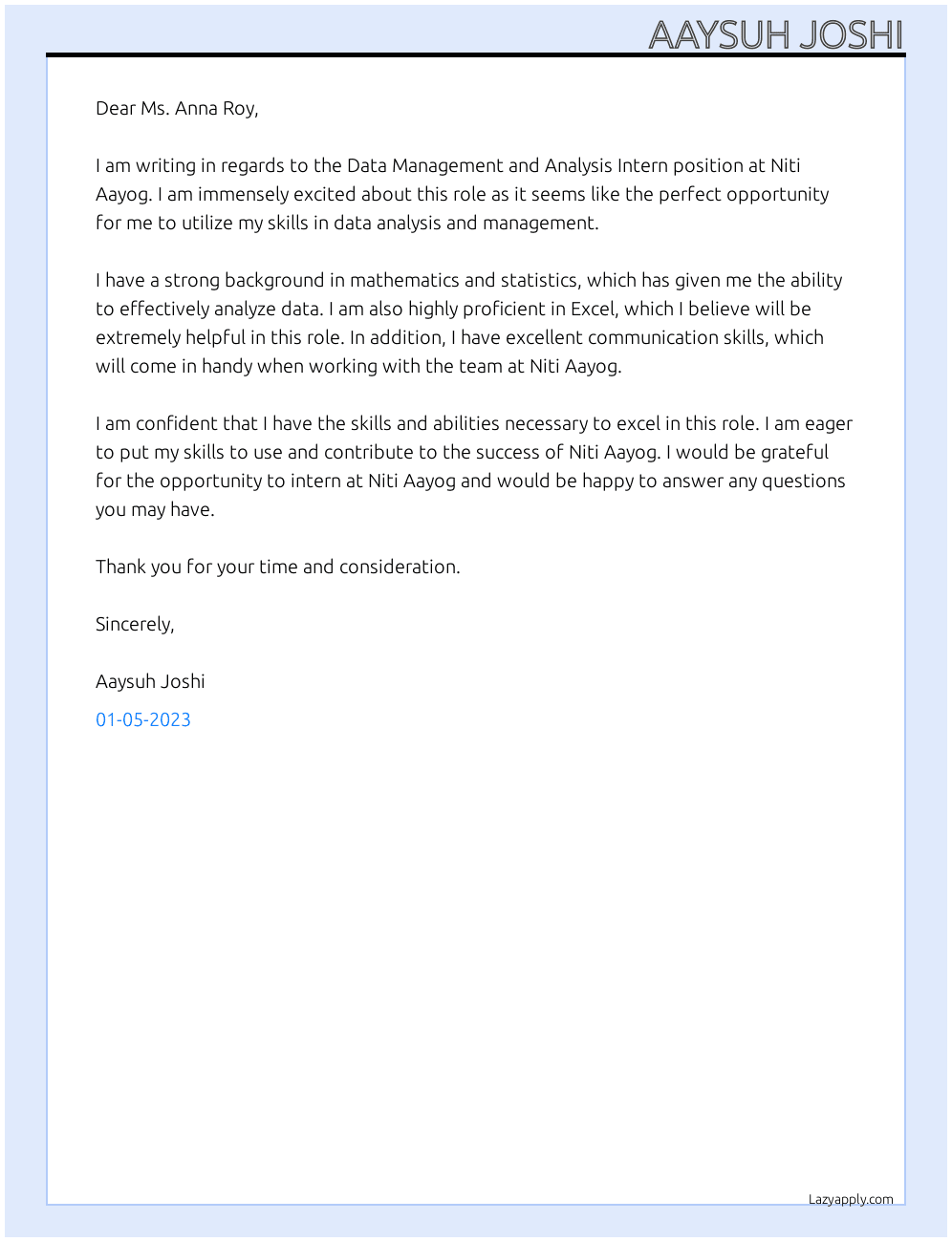 Cover letter for data management and analysis intern - LazyApply