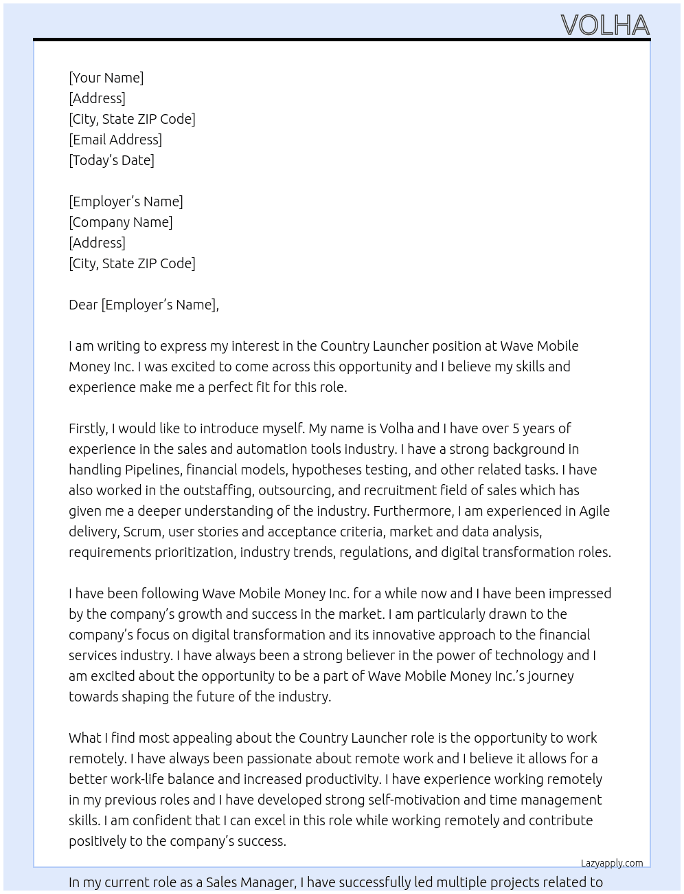 Country Launcher At Wave Mobile Money Inc. Cover Letter