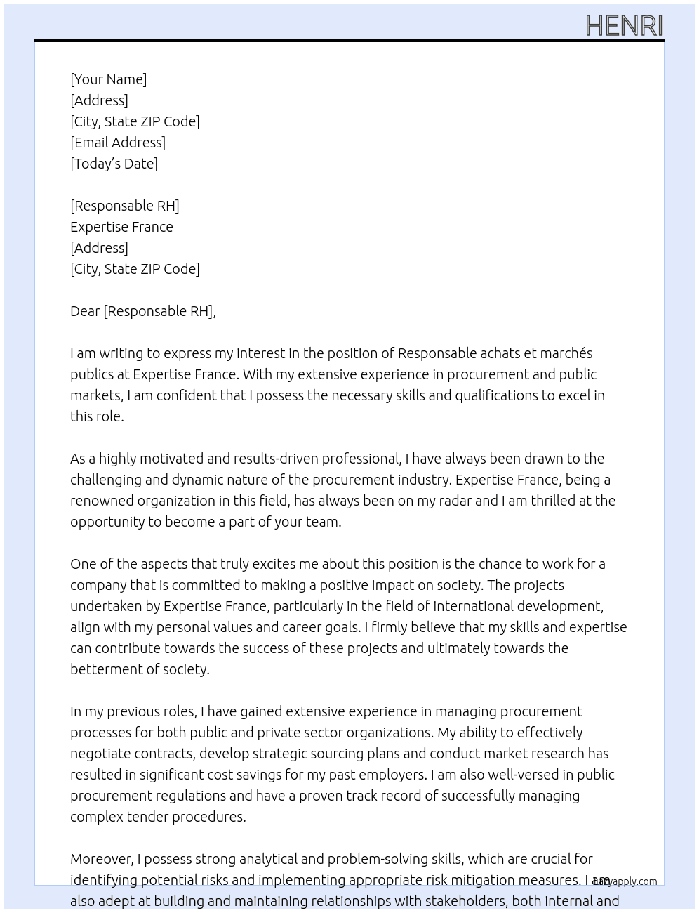 Responsable achats et marchés publics At Expertise France Cover Letter