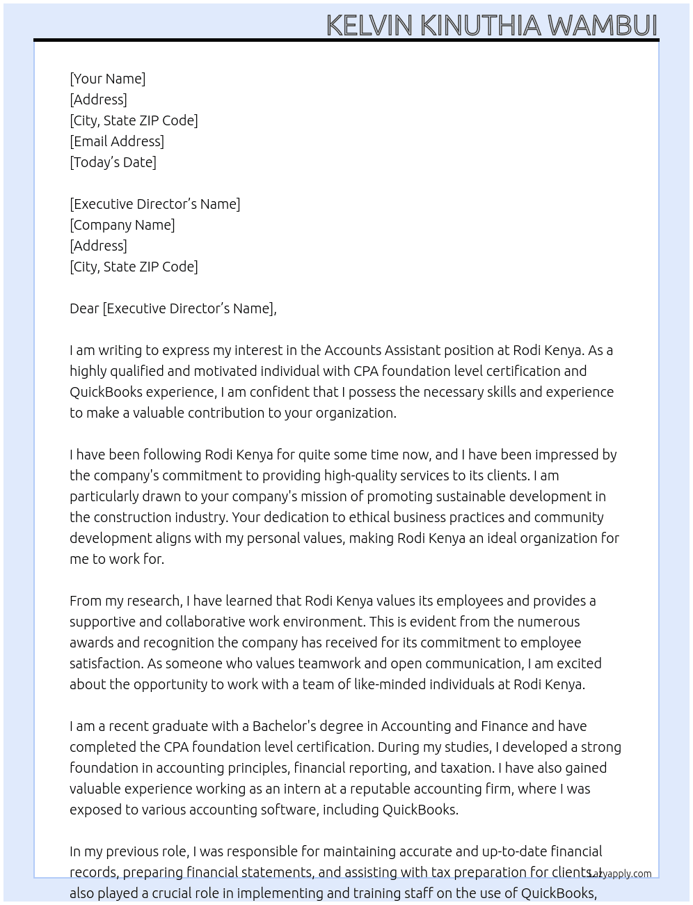 accounts assistant At rodi kenya Cover Letter
