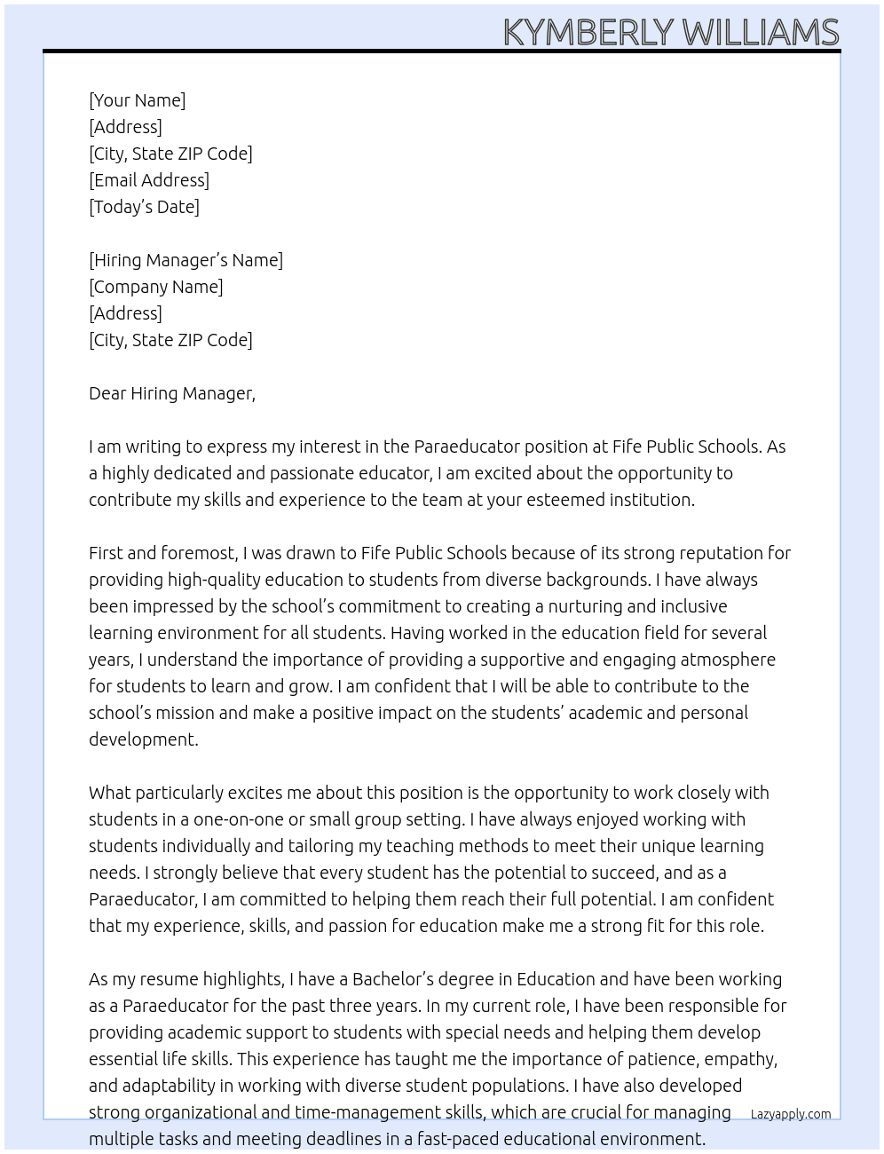 Paraeducator  At Fife Public Schools Cover Letter