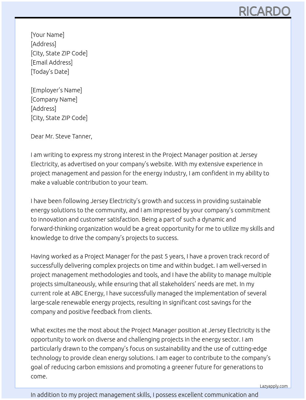 project manager At Jersey Electricity Cover Letter
