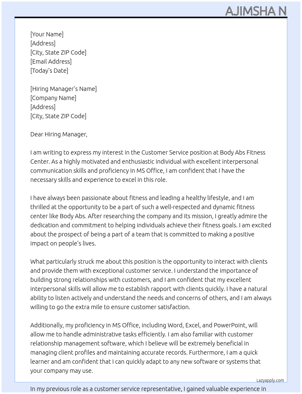Customer service  At Body Abs Fitness center  Cover Letter