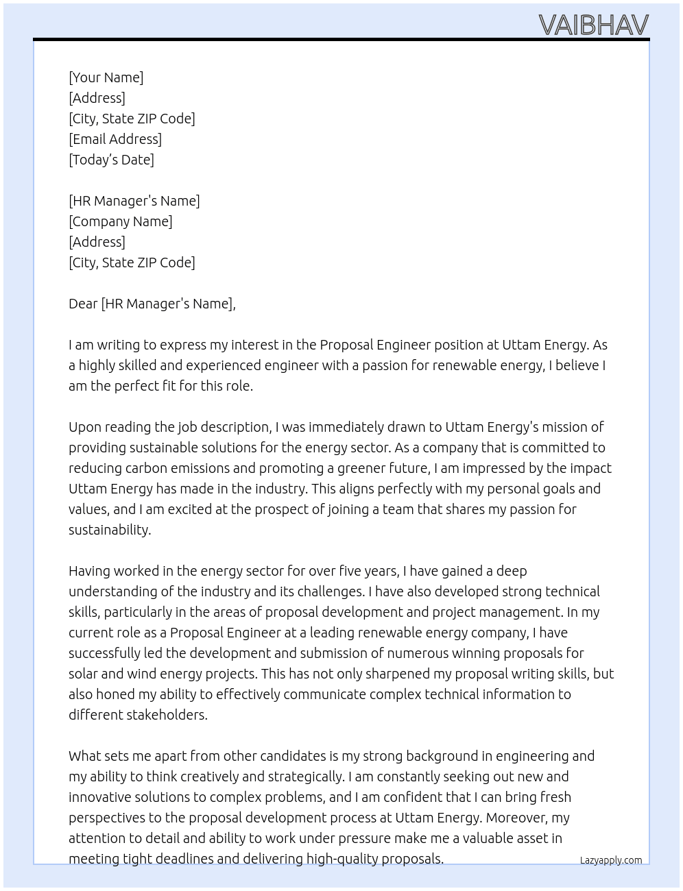 Proposal engineer  At Uttam energy  Cover Letter