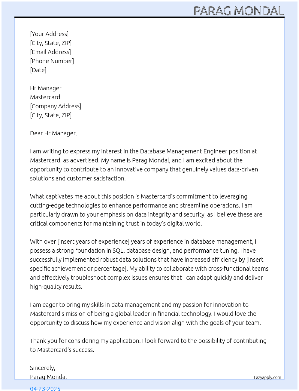 Database Management Engineer At Mastercard Cover Letter