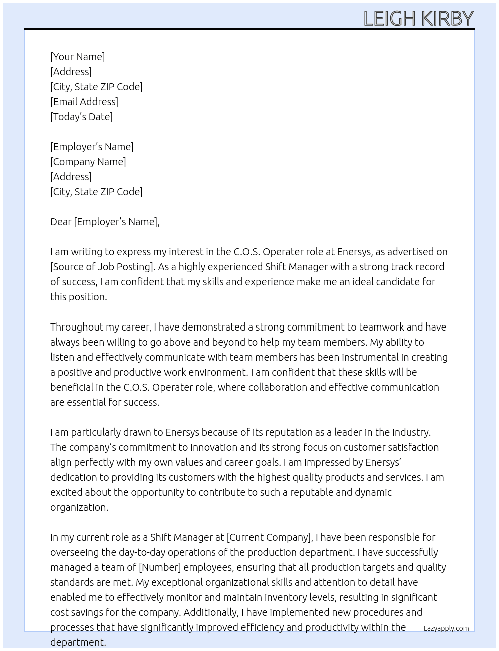 C.O.S Operatir At Enersys Cover Letter
