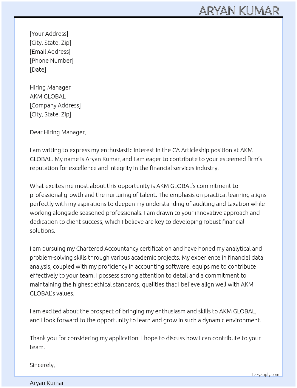 CA Articleship  At AKM GLOBAL  Cover Letter