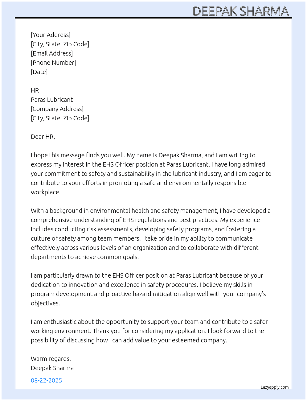 EHS officer  At Paras lubricant  Cover Letter