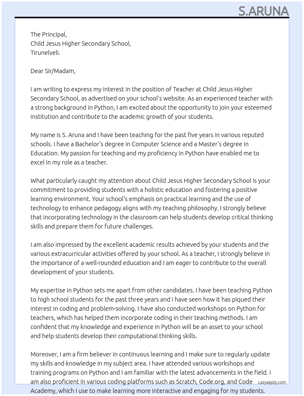 Teacher At Child Jesus higher secondary school  Cover Letter