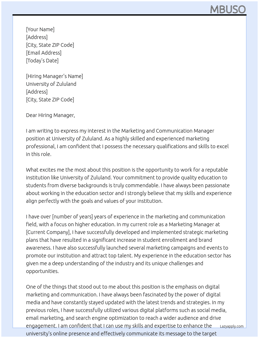 Marketing and Communication Manager At University of Zululand Cover Letter